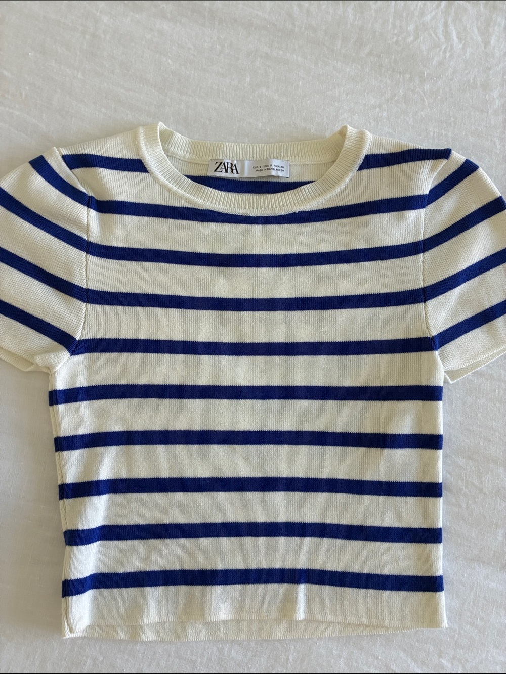 Zara Cropped Knit Cream & Blue Striped Short Sleeve Tee